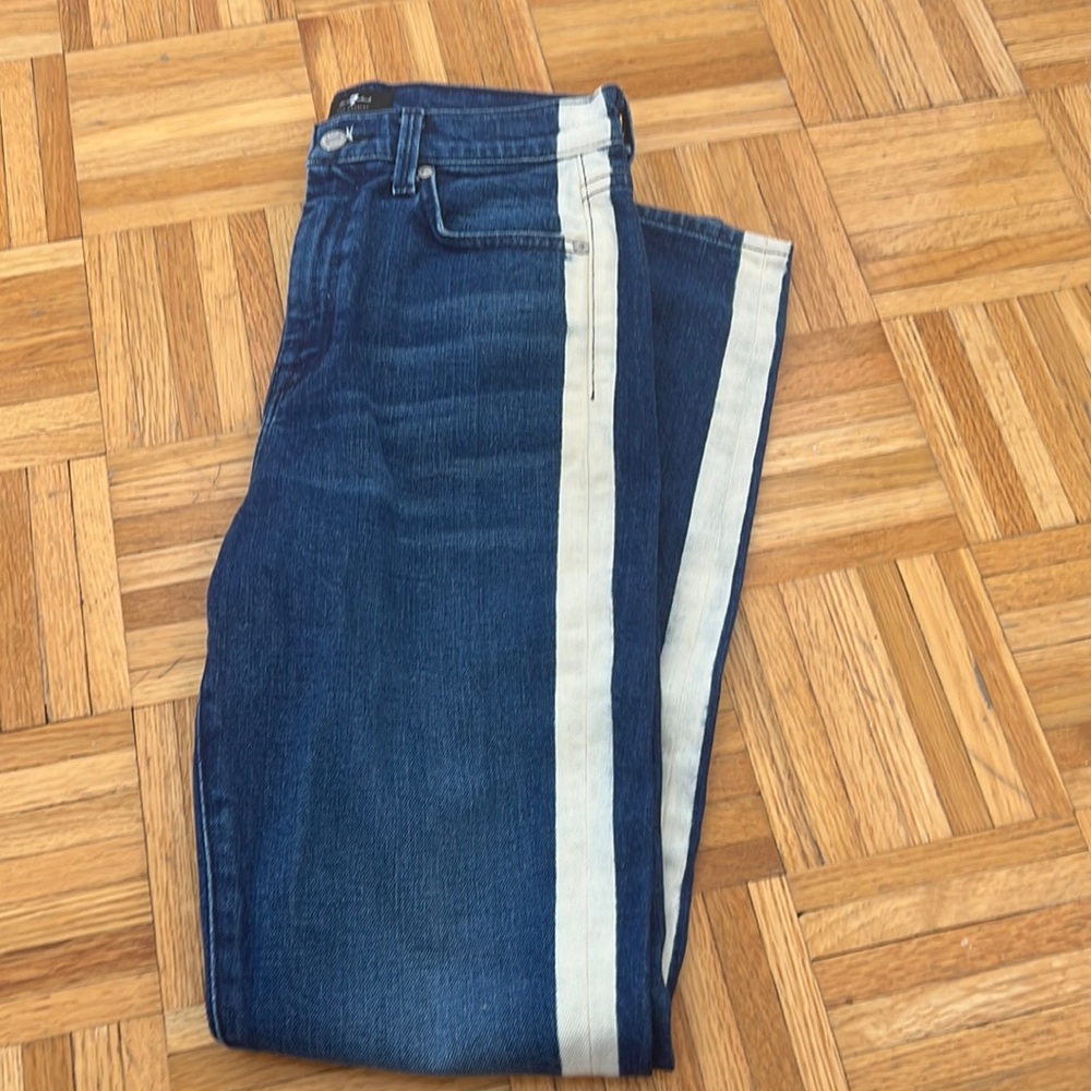 7 For All Mankind high waisted blue denim jeans with white stripe details